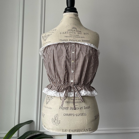 Brown Gingham Off Shoulder Bandeau Top - Picture 2 of 6